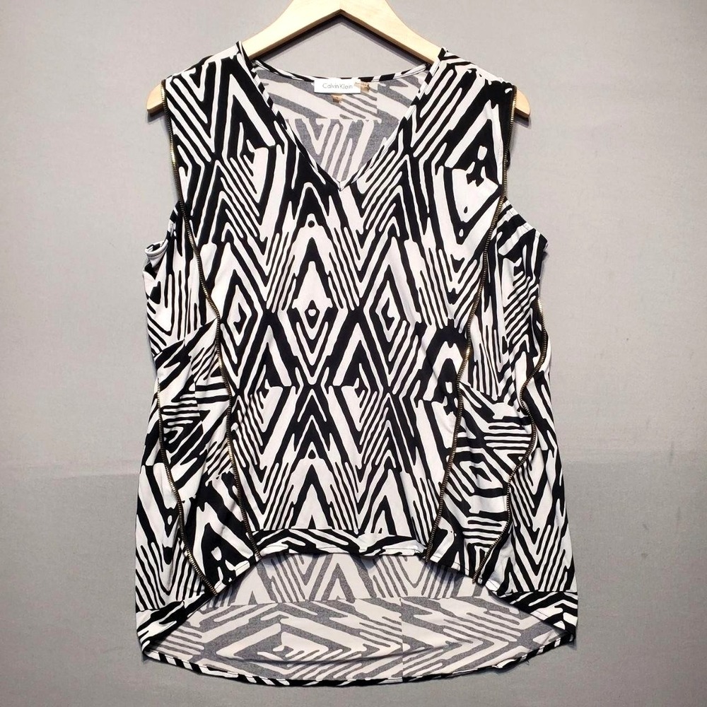 Calvin Klein Top Womens M Black White Geometric Zip Trim Sleeveless Edgy Modern